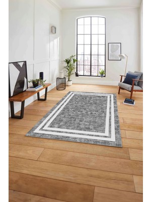 Napoli Home Çerçeveli Hasır Görünümlü Yıkanabilir Kaymaz Yolluk Mutfak Salon Halısı, Çerçeveli-69-Gri,