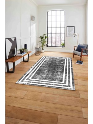 Napoli Home Çerçeveli Sade Çizgi Desenli Yıkanabilir Kaymaz Yolluk Mutfak Salon Halısı, Çerçeveli-53-Gri,