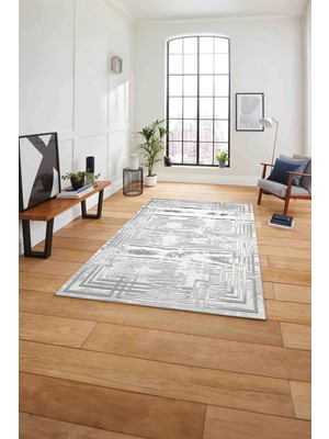 Napoli Home Çerçeveli Çizgi Detaylı Baskılı Yıkanabilir Kaymaz Yolluk Mutfak Salon Halısı, Çerçeveli-87-Gri,