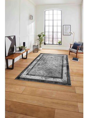 Napoli Home Çerçeveli Kupa Desenli Yıkanabilir Kaymaz Yolluk Mutfak Salon Halısı, Çerçeveli-118-Gri,