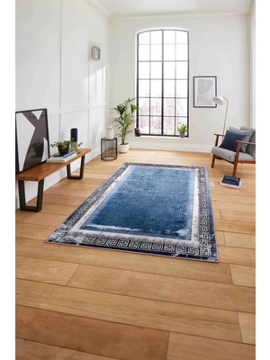 Napoli Home Çerçeveli Klasik Desenli Yıkanabilir Kaymaz Yolluk Mutfak Salon Halısı, Çerçeveli-110-Mavi,