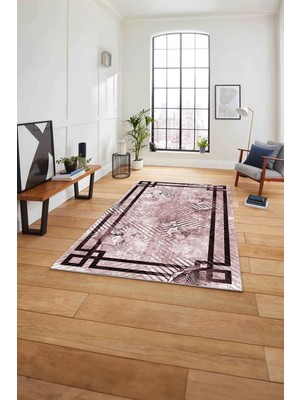 Napoli Home Çerçeveli Çiçek Motifli Yıkanabilir Kaymaz Yolluk Mutfak Salon Halısı, Çerçeveli-122-Bordo,