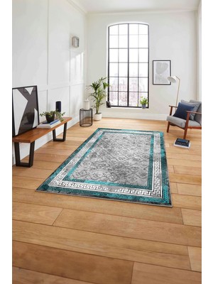 Napoli Home Çerçeveli Kupa Desenli Yıkanabilir Kaymaz Yolluk Mutfak Salon Halısı, Çerçeveli-118-Turkuaz,