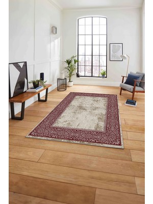 Napoli Home Çerçeveli Klasik Modern Model Yıkanabilir Kaymaz Yolluk Mutfak Salon Halısı, Çerçeveli-128-Kırmızı,