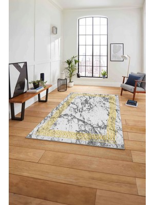Napoli Home Çerçeveli Modern Mermer Desenli Yıkanabilir Kaymaz Yolluk Mutfak Salon Halısı, Çerçeveli-114-Gold,