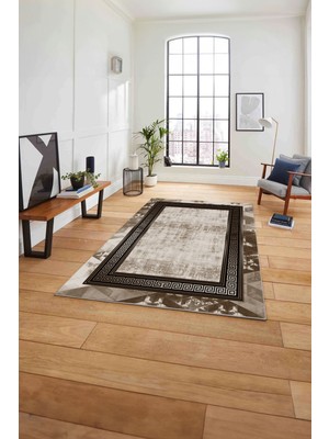 Napoli Home Çerçeveli Modern Klasik Baskılı Yıkanabilir Kaymaz Yolluk Mutfak Salon Halısı, Çerçeveli-109-Kahve,
