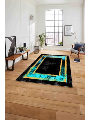 Napoli Home Çerçeveli Klasik Modern Baskılı Yıkanabilir Kaymaz Yolluk Mutfak Salon Halısı,Çerçeveli-130-Turkuaz,