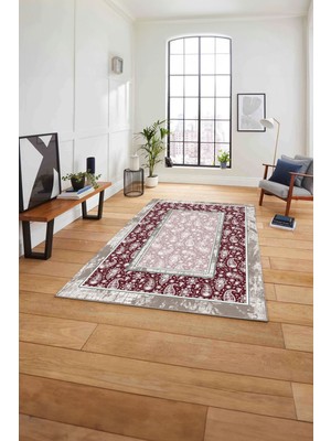 Napoli Home Çerçeveli Desen Motifli Yıkanabilir Kaymaz Yolluk Mutfak Salon Halısı, Çerçeveli-86-Bordo,
