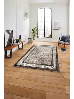 Napoli Home Çerçeveli Kupa Desenli Yıkanabilir Kaymaz Yolluk Mutfak Salon Halısı, Çerçeveli-118-Kahve,