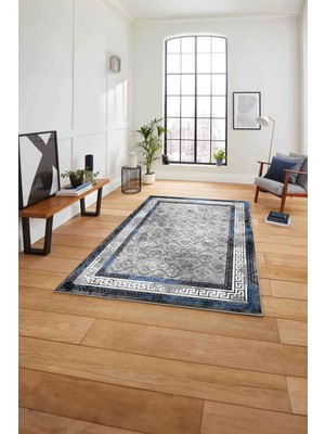 Napoli Home Çerçeveli Kupa Desenli Yıkanabilir Kaymaz Yolluk Mutfak Salon Halısı, Çerçeveli-118-Mavi,