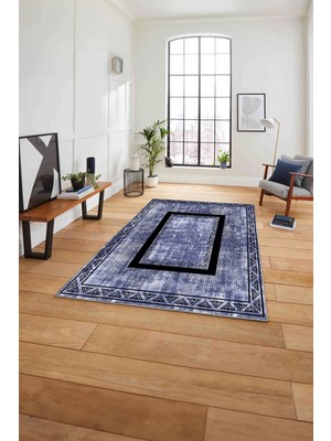 Napoli Home Çerçeveli Sade Görünümlü Yıkanabilir Kaymaz Yolluk Mutfak Salon Halısı, Çerçeveli-125-Lacivert,