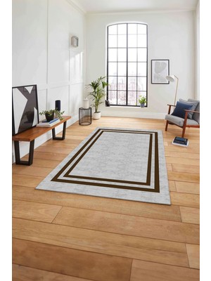 Napoli Home Çerçeveli Kenar Çizgi Desenli Yıkanabilir Kaymaz Yolluk Mutfak Salon Halısı, Çerçeveli-56-Kahve,