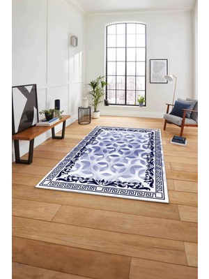 Napoli Home Çerçeveli Geleneksel Desen Yıkanabilir Kaymaz Yolluk Mutfak Salon Halısı, Çerçeveli-107-Lacivert,