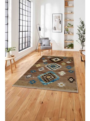 Napoli Home Baskılı Etnik Geleneksel Model Yıkanabilir Kaymaz Yolluk Mutfak Salon Halısı, Etnik-21-Kahve,