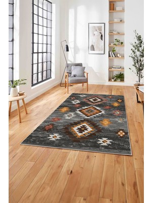 Napoli Home Baskılı Etnik Geleneksel Model Yıkanabilir Kaymaz Yolluk Mutfak Salon Halısı, Etnik-21-Gri,