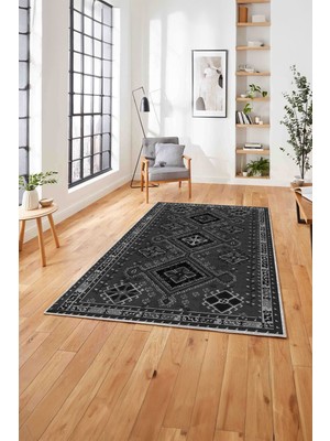 Napoli Home Etnik Geleneksel Desen Görünümlü Yıkanabilir Kaymaz Yolluk Mutfak Salon Halısı, Etnik-24-Gri,