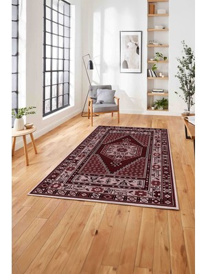 Napoli Home Baskılı Etnik Klasik Model Yıkanabilir Kaymaz Yolluk Mutfak Salon Halısı, Etnik-33-Bordo,