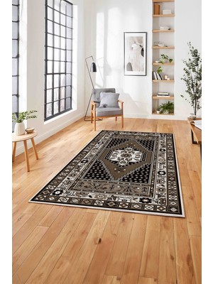 Napoli Home Baskılı Etnik Klasik Model Yıkanabilir Kaymaz Yolluk Mutfak Salon Halısı, Etnik-33-Kahve,