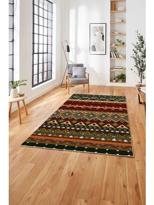 Napoli Home Baskılı Etnik Otantik Desen Görünümlü Yıkanabilir Kaymaz Yolluk Mutfak Salon Halısı,Etnik-39-Renkli,
