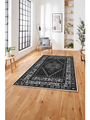 Napoli Home Baskılı Etnik Klasik Model Yıkanabilir Kaymaz Yolluk Mutfak Salon Halısı, Etnik-33-Gri,