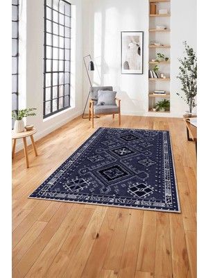 Napoli Home Etnik Geleneksel Desen Görünümlü Yıkanabilir Kaymaz Yolluk Mutfak Salon Halısı, Etnik-24-Lacivert,