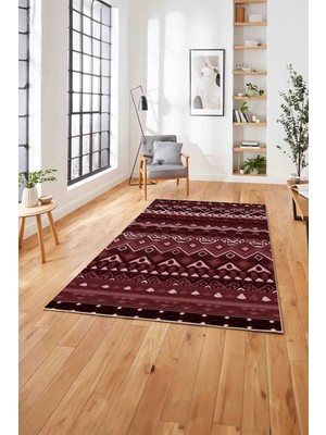 Napoli Home Baskılı Etnik Otantik Desen Görünümlü Yıkanabilir Kaymaz Yolluk Mutfak Salon Halısı, Etnik-39-Bordo,