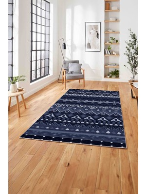 Napoli Home Baskılı Etnik Otantik Desen Görünüm Yıkanabilir Kaymaz Yolluk Mutfak Salon Halısı,Etnik-39-Lacivert,