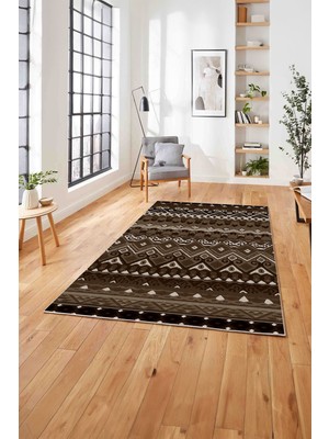 Napoli Home Baskılı Etnik Otantik Desen Görünümlü Yıkanabilir Kaymaz Yolluk Mutfak Salon Halısı, Etnik-39-Kahve,