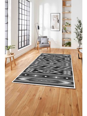 Napoli Home Etnik Kilim Desen Görünümlü Yıkanabilir Kaymaz Yolluk Mutfak Salon Halısı, Etnik-25-Gri,