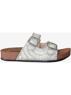 Shoemix Hazel Beyaz Çift Bantlı Comfort Boncuk Aksesuarlı Terlik