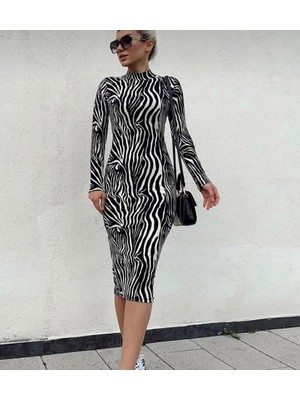 Kadın Zebra Desen Süet Kumaş Fırsat Ürün Midi Boy Elbise