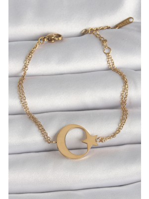 Ezo Concept 316L Çelik Gold Renk Ay Yıldız Model Kadın Bileklik