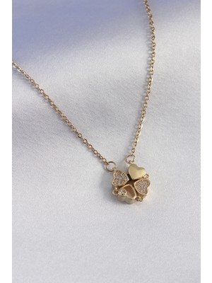 Ezo Concept 316L Çelik Gold Renk Açılır Yonca Model Zirkon Taşlı Kadın Kolye