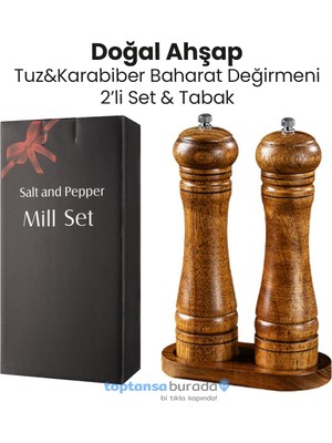 Trendpoint 2li Set Baharat Öğütücü Premium Doğal Ahşap Değirmen Karabiber Tuz Kahve Tuzluk Biberlik 2li Set Tabaklı 22CM