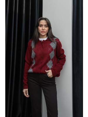Bordo Kate Baklava Desenli Hırka