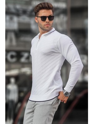 Beyaz Fermuarlı Erkek Triko Kazak 6824