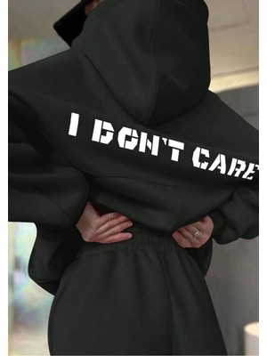 Kadın Siyah I Dont Care Baskılı Kapüşonlu Eşofman Takımı