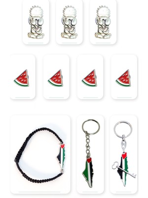 10'lu Filistin Aksesuar Seti Yaka Rozetleri + Anahtarlıkları ve El Bilekliği A300039