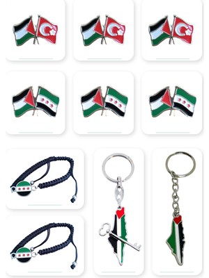 Zaytoon 10'lu Suriye ve Filistin Aksesuar Seti Yaka Rozetleri + Anahtarlıkları ve El Bilekliği A300040