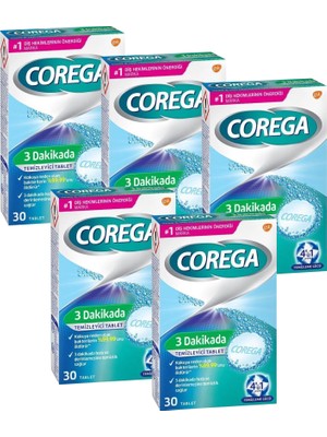 Corega 3 Dakikada Temizleyici Tablet 30 Tablet Diş Protezi İçin Derinlemesine Temizlik Sağlar (5 Adet)