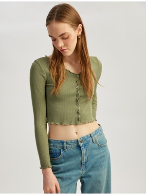 Koton Düğmeli Uzun Kollu Bisiklet Yaka Crop Slim Fit Tişört