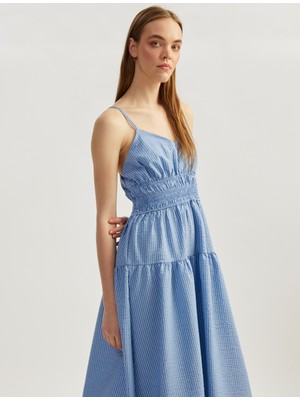 Koton Çizgili Askılı Gipeli V Yaka Katlı Uzun Elbise