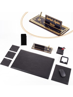 Arvena Ofis Siyah Deri Sümen Takımı ve Ahşap Masa Isimliği Ofis Masa Sümen Seti ve Isimlik