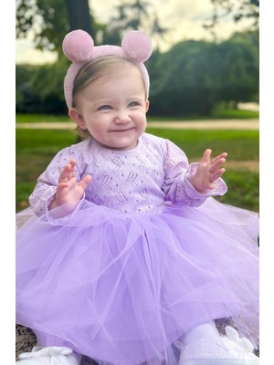Alyra Kids Kız Çocuk Bebek Elbise Dantel Güpürlü Doğum Günü Parti Düğün Özel Gün Tüllü Tütü Astarlı Prenses Abiye Elbise Mor ALY0270