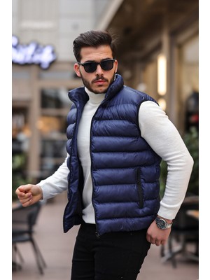 Comstar Slim Fit Erkek Siyah Şişme Yelek Gömlek Yaka Dokuma Materyal ile Şık Tasarım