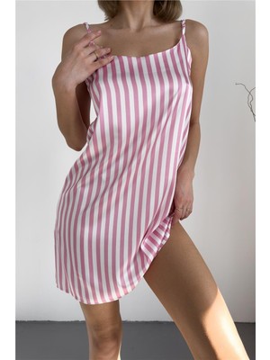 Pudra ve Beyaz Çizgili Ayarlanabilir Askılı Saten Gecelik