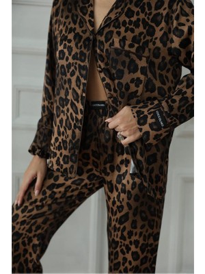 Fascino Del Leopardo Floş Saten Uzun Pijama Takımı