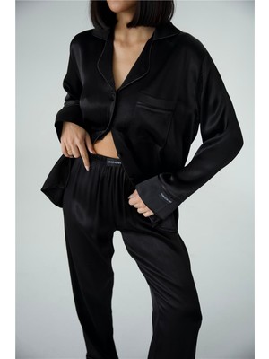Sentimenti Perfetti Siyah Floş Saten Uzun Pijama Takımı