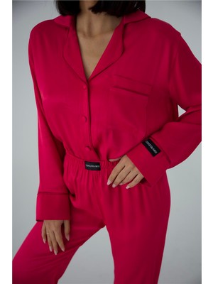 Sentimenti Perfetti Fuşya Floş Saten Uzun Pijama Takımı