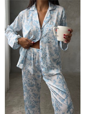 Alberi Blu Saten Uzun Pijama Takımı